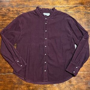 Dear John Plum Giovana‎ Blouse Purple Corduroy Ruffle Neck Snap Front Large NEW